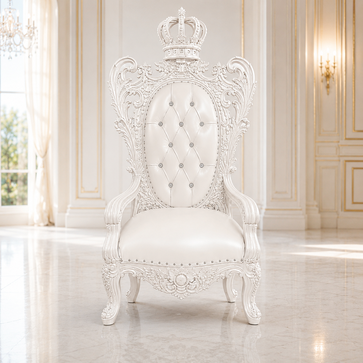 A white carved royal-style armchair with a tufted diamond backrest, crown ornament on the back, and nailhead trim, shown in a bright palace-like interior with cream walls and marble floor.