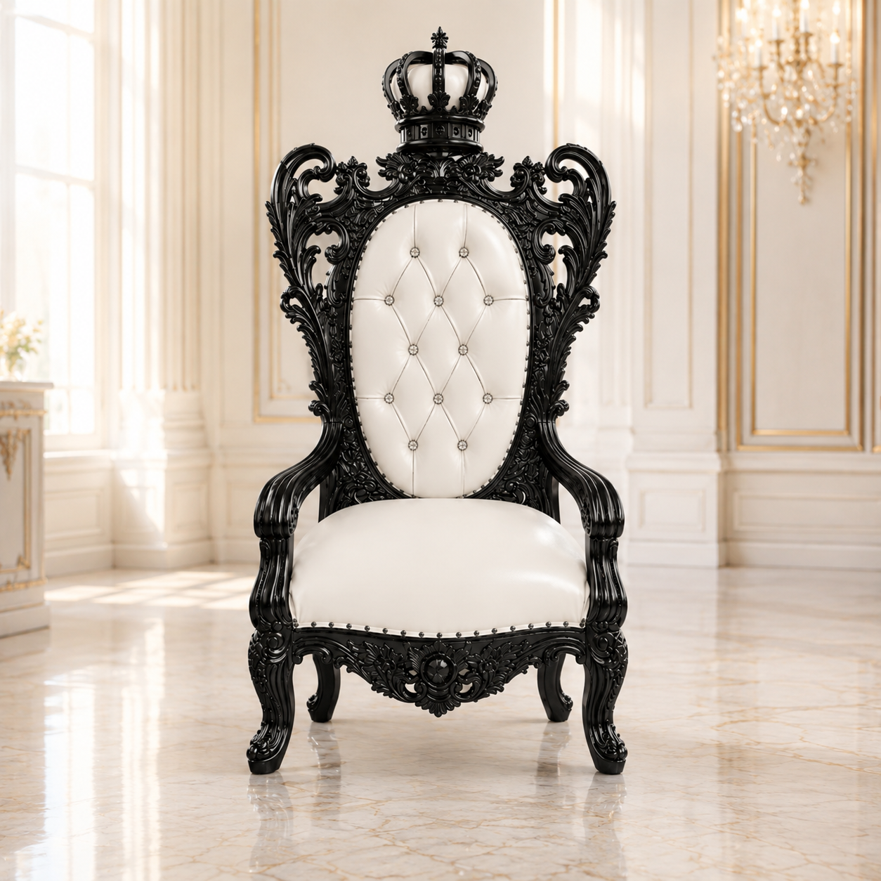 An ornate black throne-style armchair with a white tufted backrest and white seat cushion, topped with a crown motif, set in a bright classical interior with cream walls and marble floors.