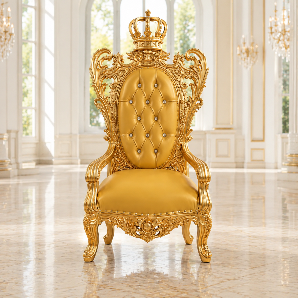 An ornate golden throne chair with a tufted backrest, crown on the back, and carved arms, set in a bright, elegant room with marble floors and tall windows.