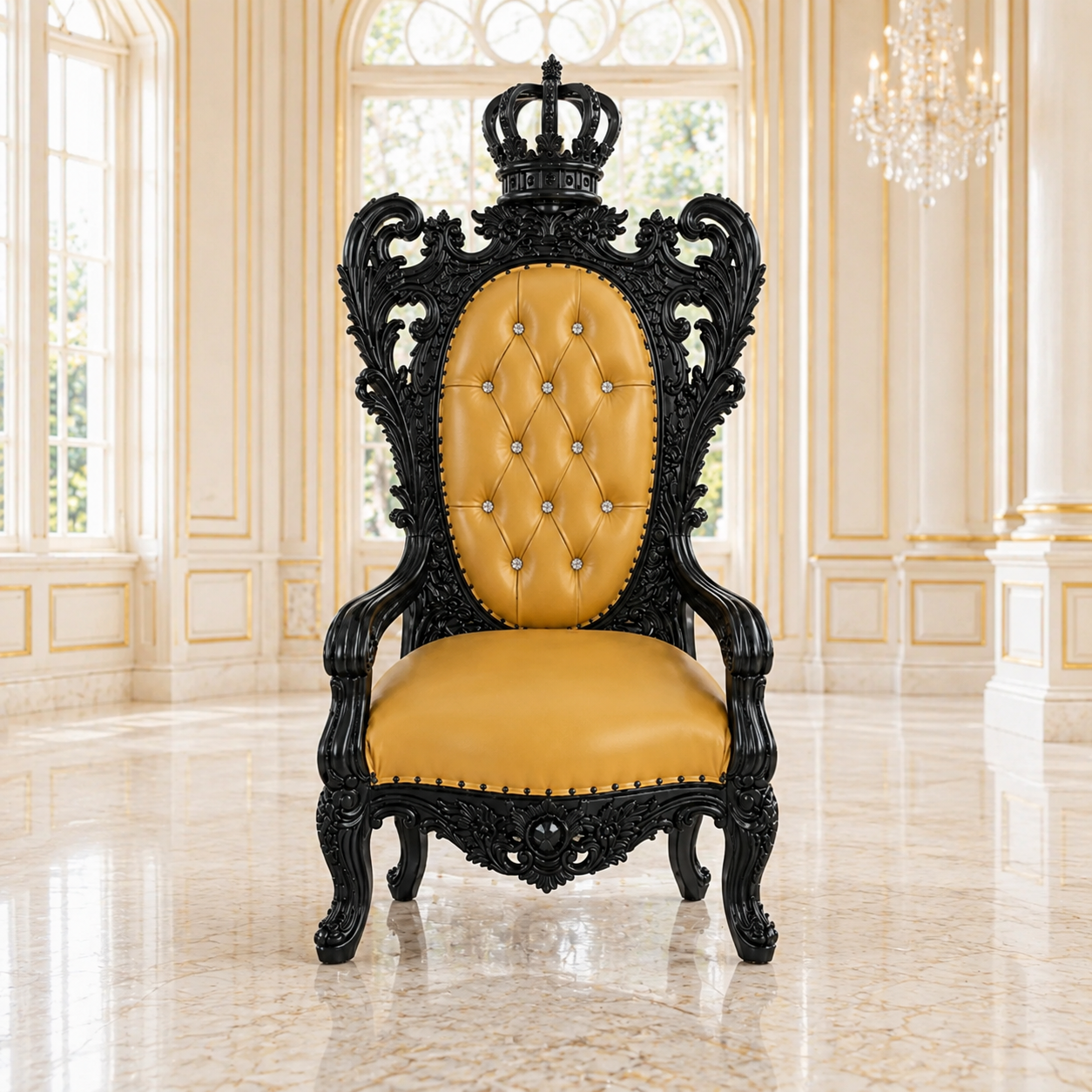 An ornate royal-style throne chair with a carved black wooden frame and a tufted mustard yellow leather seat and backrest, set in a grand, sunlit palace hall with marble floors and windows.