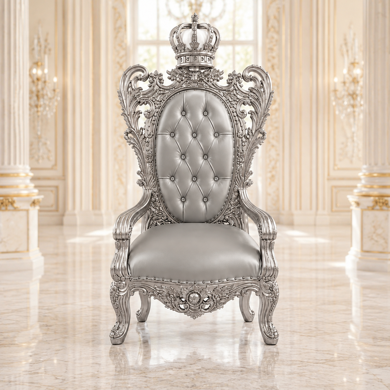 A royal-style throne chair with ornate silver carved woodwork, a tufted backrest, and a crown on top, set in an elegant cream-colored palace interior with marble floors and chandeliers.