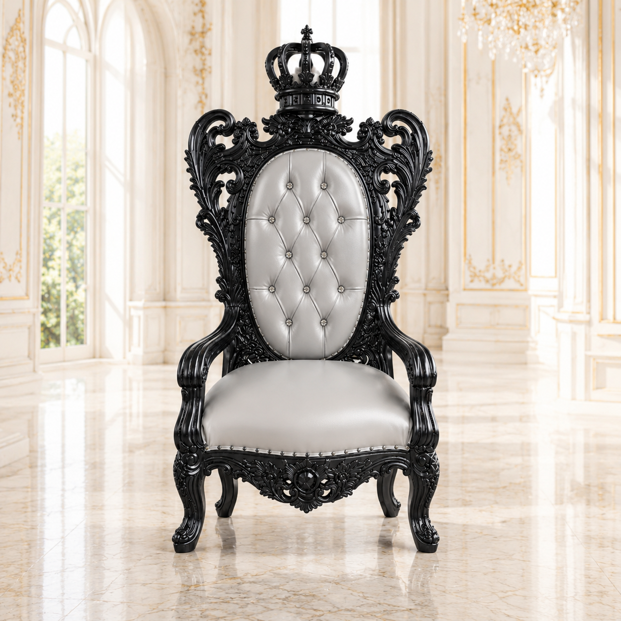 An ornate black carved throne chair with a tufted light gray backrest and seat, featuring a crown on the backrest, set in a grand, sunlit palace hall with marble floors and gold-trimmed walls.