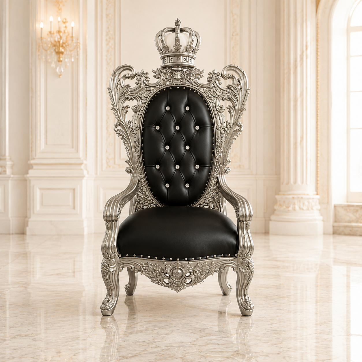 A luxurious throne-style armchair with an ornate silver carved frame, a black tufted leather backrest, and a crown topper, set in a grand, elegant room with cream walls and marble floors.