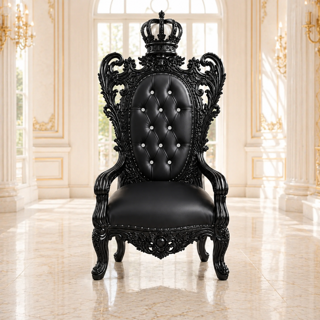 A black ornate throne-style armchair with carved details, a tufted backrest, and a crown topper, shown in a bright classical interior with cream walls and marble floors.