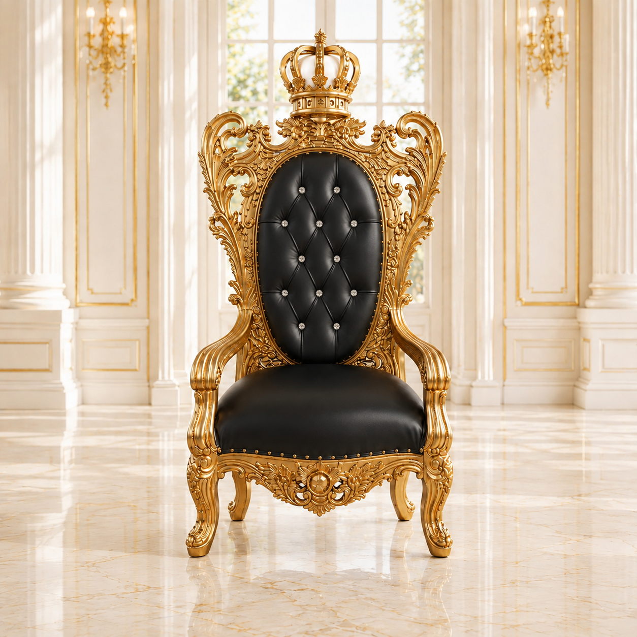 An ornate royal-style throne chair with a carved gold frame, crown on the backrest, and black tufted leather seat, placed in a bright classical interior with cream walls and marble floors.
