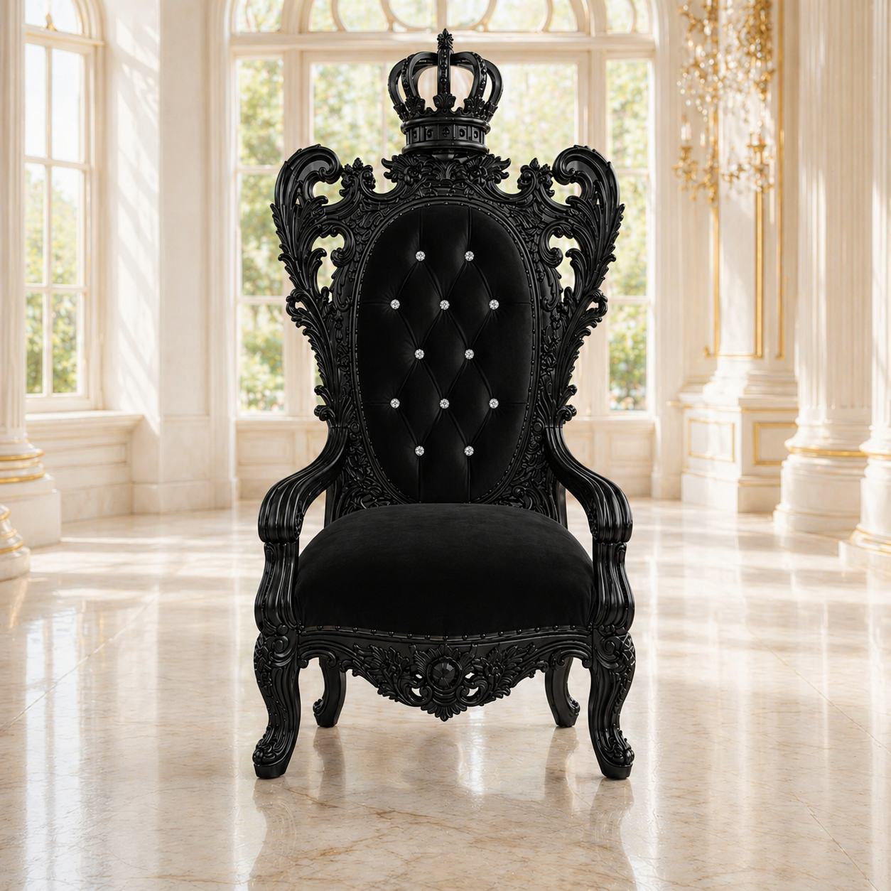 A black ornate baroque-style throne chair with a crown on the backrest, set in a grand, sunlit palace hall with marble floors and white columns.
