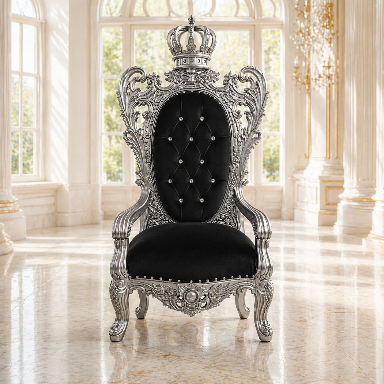 A regal throne-style armchair with an ornate silver carved frame, black tufted velvet upholstery, and a crown on the backrest, photographed in a bright classical hall with large windows and marble floors.