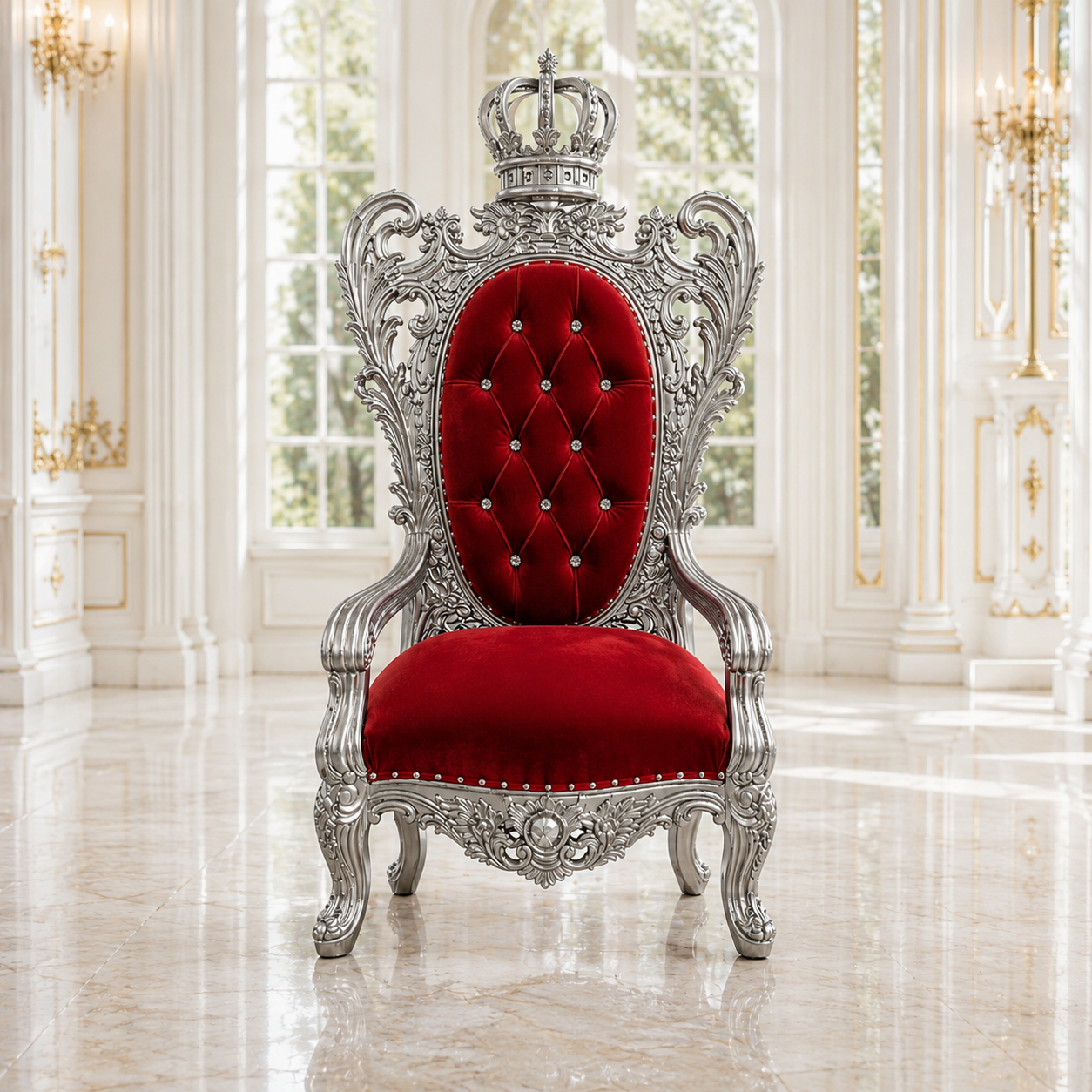 An ornate royal-style throne chair with a silver carved frame and a deep red velvet seat and backrest, set in a bright classical hall with large windows and polished marble floors.