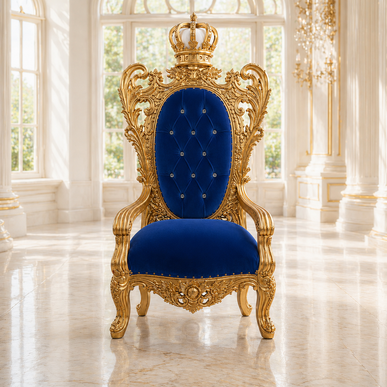 An ornate royal-style throne chair with a carved gold frame, a blue tufted backrest, and a blue upholstered seat, placed in a bright classical hall with large windows and marble floors.