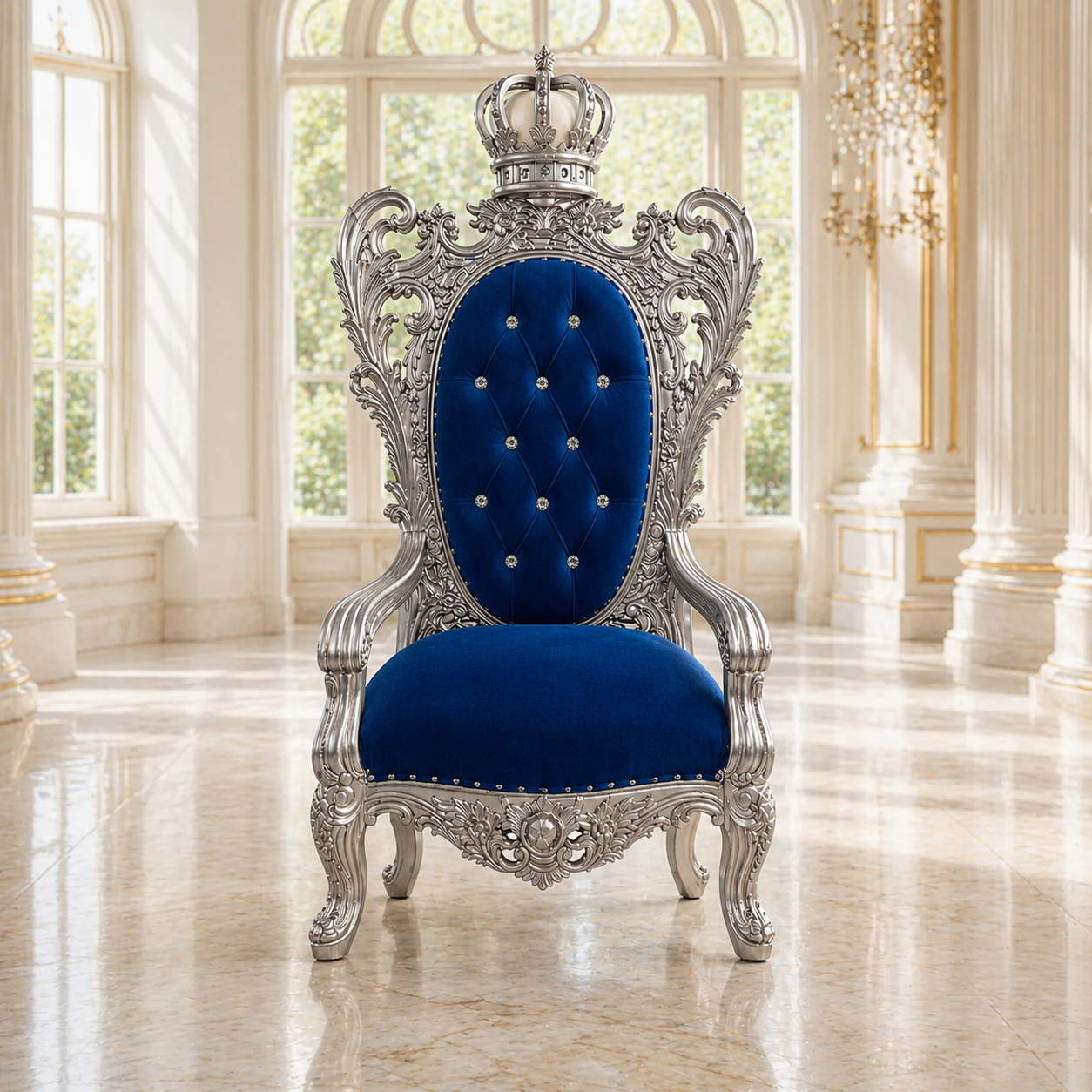 A luxurious throne-style armchair with an ornate silver carved frame and a deep blue velvet upholstered backrest and seat, set in a bright, elegant room with large windows and marble floors.