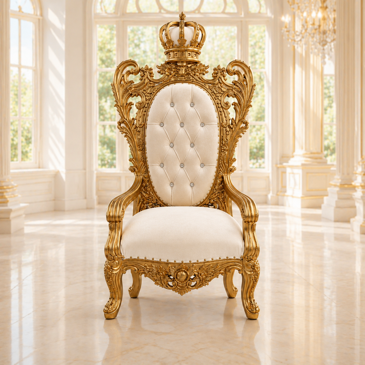 An ornate royal-style armchair with a carved gold frame and a tufted cream upholstered backrest, topped with a crown motif, set in a bright, classical interior with large windows and polished floors.