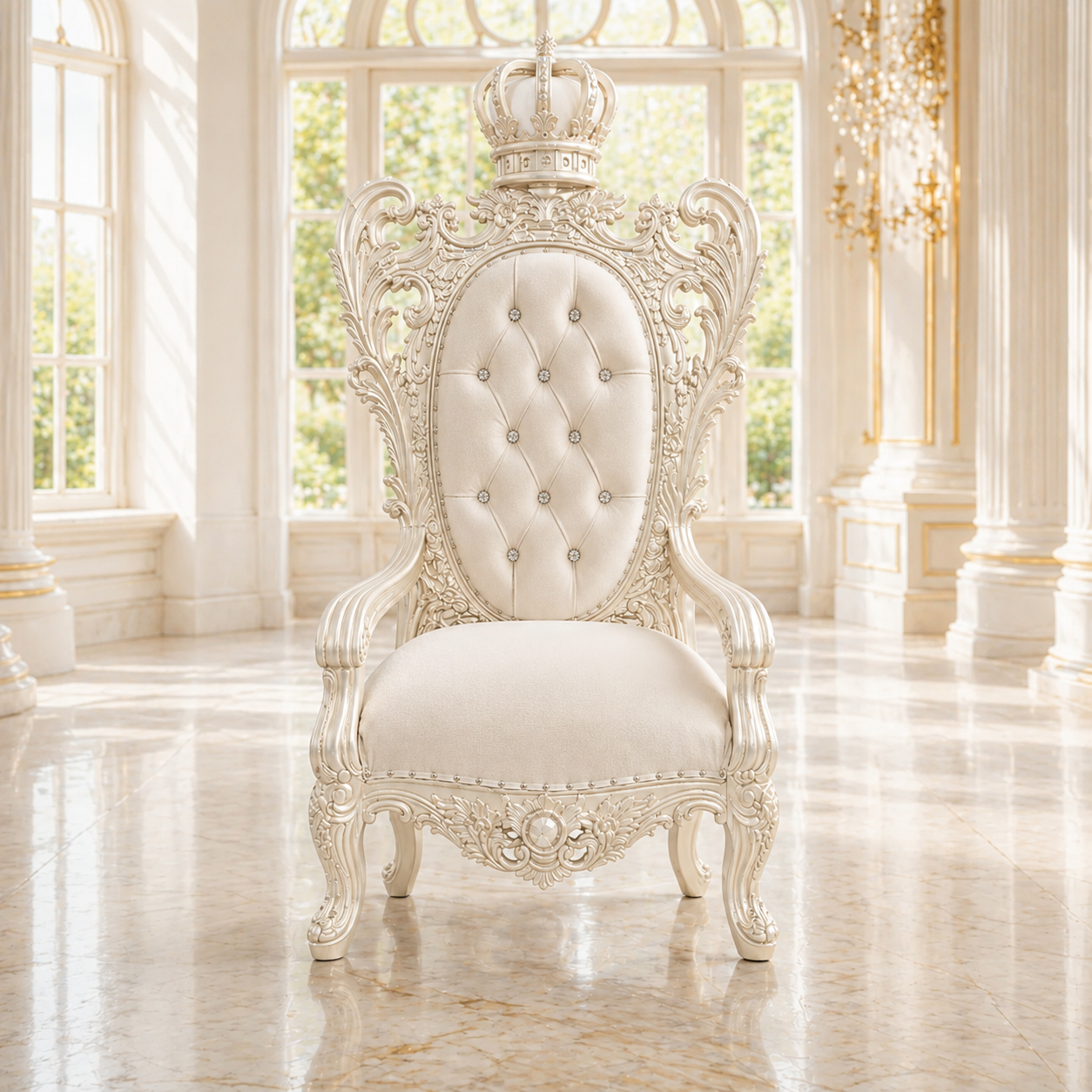 An ornate white throne chair with a crown on the backrest, set in a bright, classical room with marble floors and large windows.