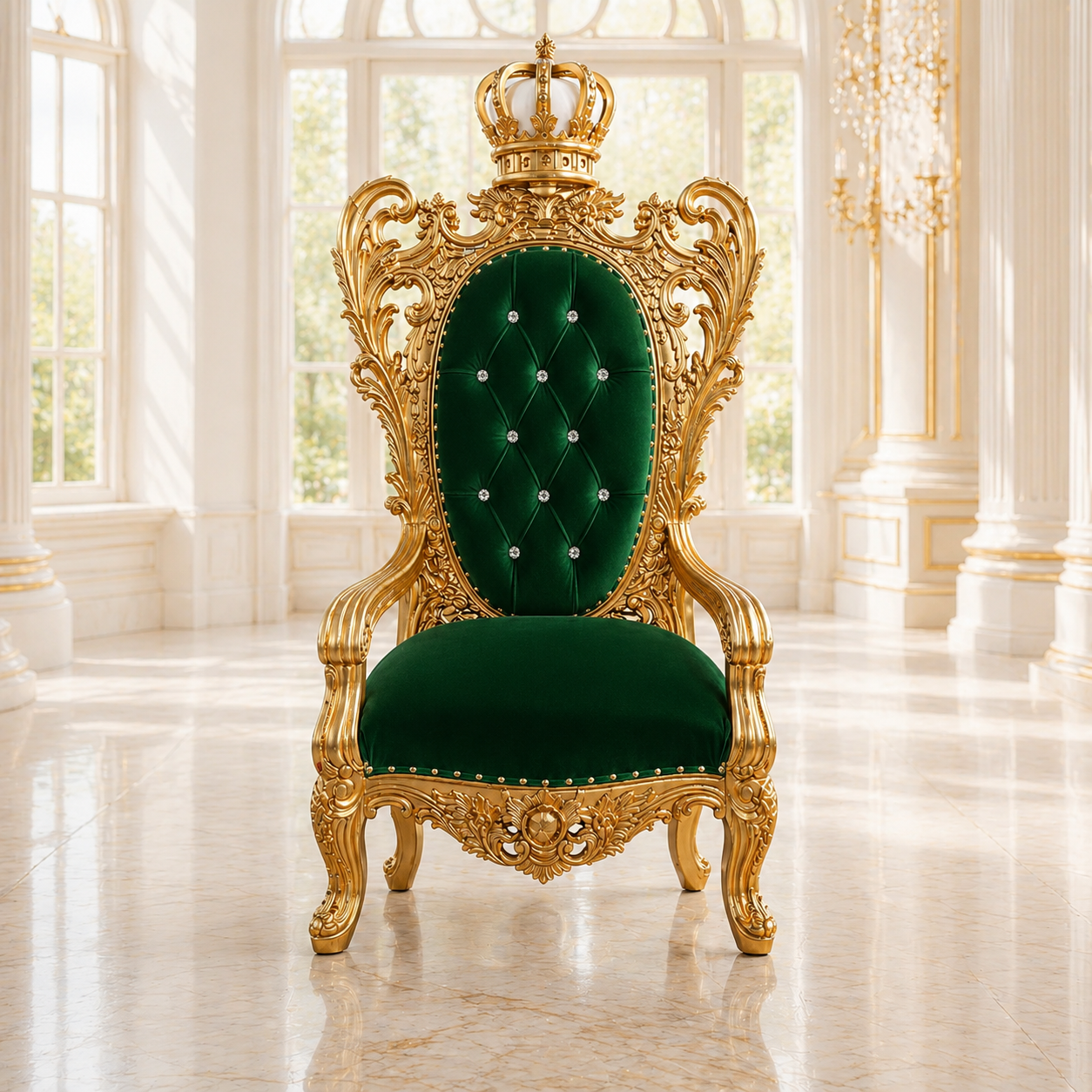 An ornate royal-style throne chair with carved gold metalwork and deep emerald green velvet upholstery, set in a bright palace interior with large windows and marble floors.