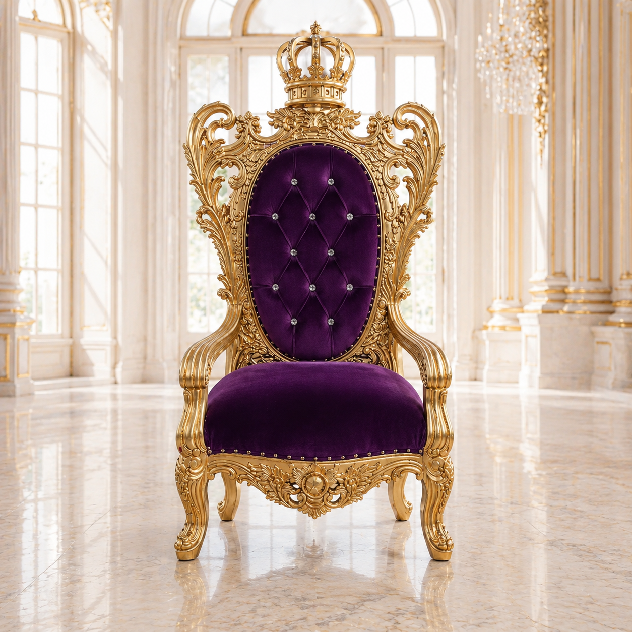 An ornate royal-style throne chair with a carved gold frame and deep purple velvet upholstery, set in a grand, sunlit palace interior with marble floors and chandeliers.