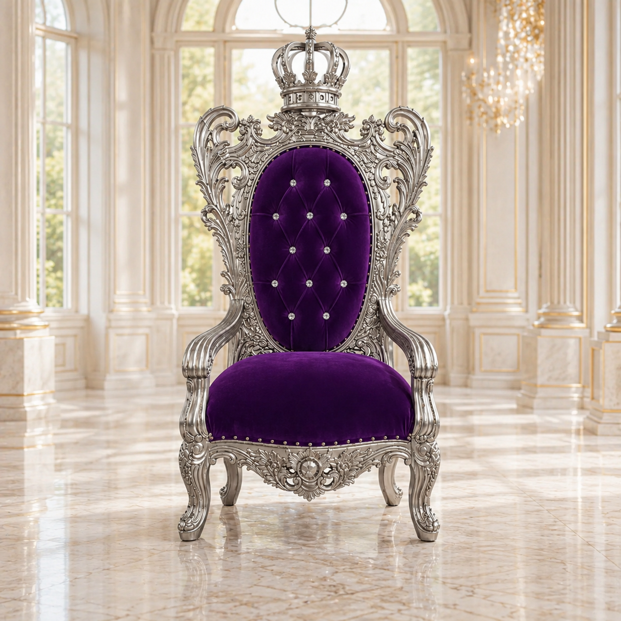 An ornate royal-style throne chair with a silver carved frame, purple velvet seat and backrest, and a crown on the backrest, photographed in a grand interior with large windows and marble floors.