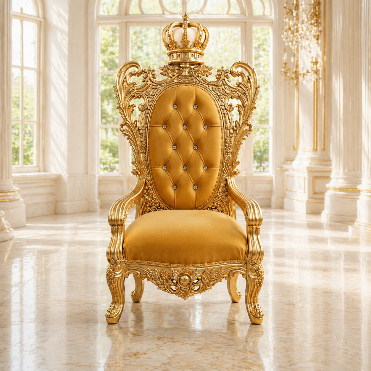 An ornate gold throne chair with a tufted mustard yellow backrest and seat, featuring a crown on the backrest, set in a bright, classical hall with white columns and marble floors.