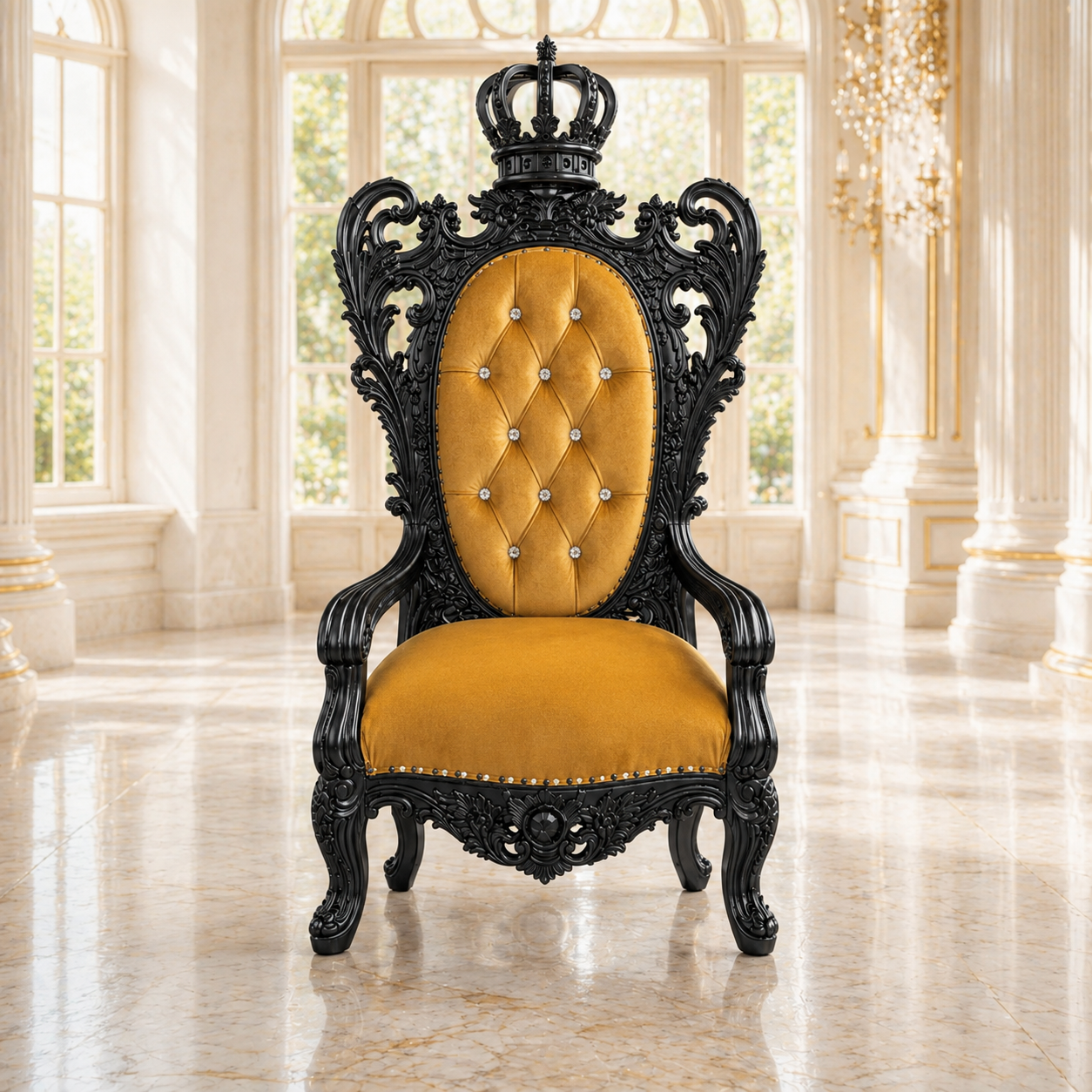 A luxurious throne-style armchair with an ornate black carved wooden frame, a tufted mustard yellow velvet backrest and seat, and silver crystal-like button details, set in a grand classical hall with marble floors.