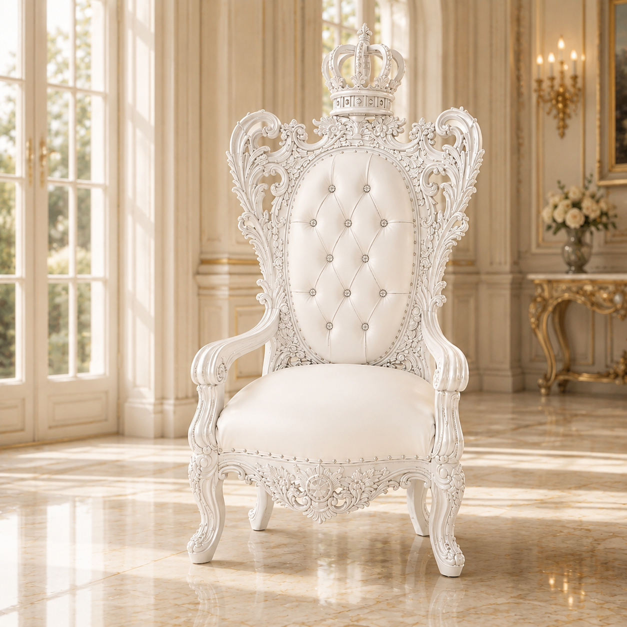 An ornate white throne-style armchair with a crown on the backrest, tufted button detailing, and carved decorative woodwork, placed in a bright classical interior with large windows and polished floors.