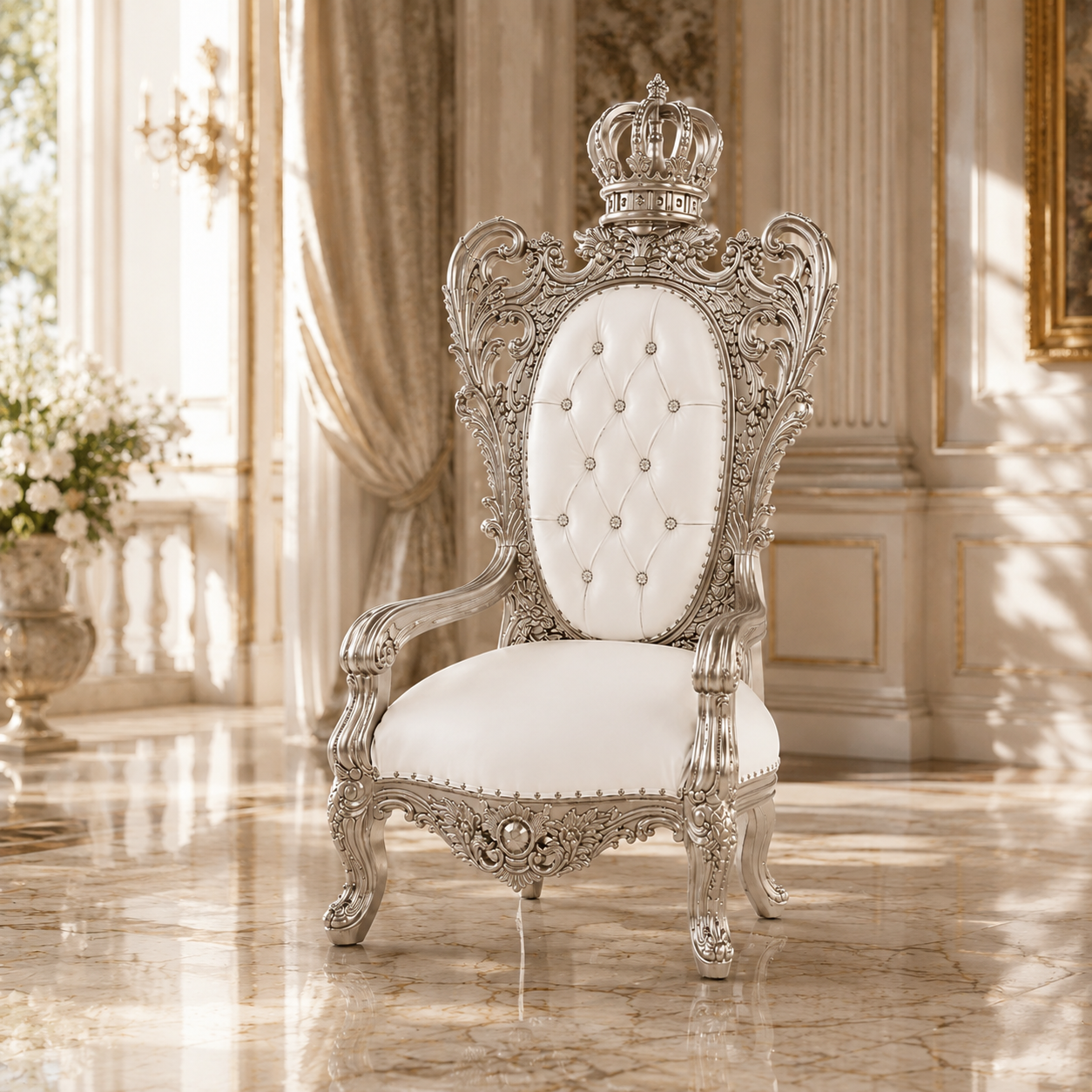 An ornate royal-style baroque armchair with a silver carved frame and a tufted white upholstered backrest, set in a luxurious cream-colored room with marble floors and gold accents.