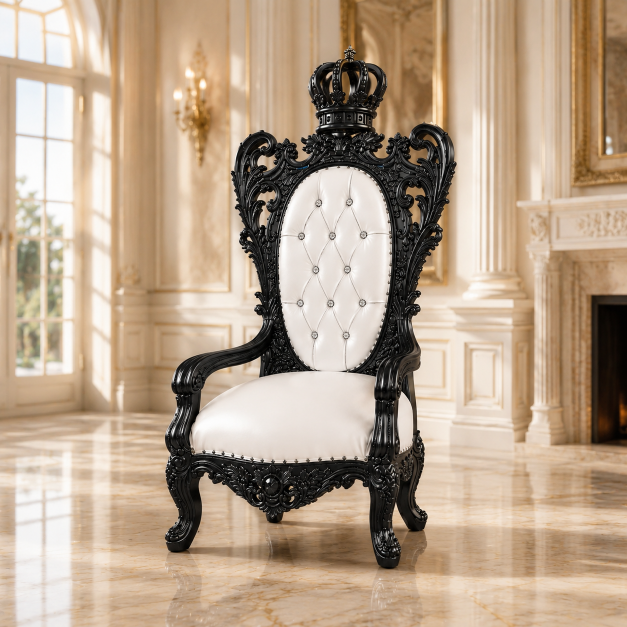 An ornate black throne-style armchair with a white tufted backrest and cushion, topped with a crown motif, set in a grand classical interior with marble floors and warm wall decor.