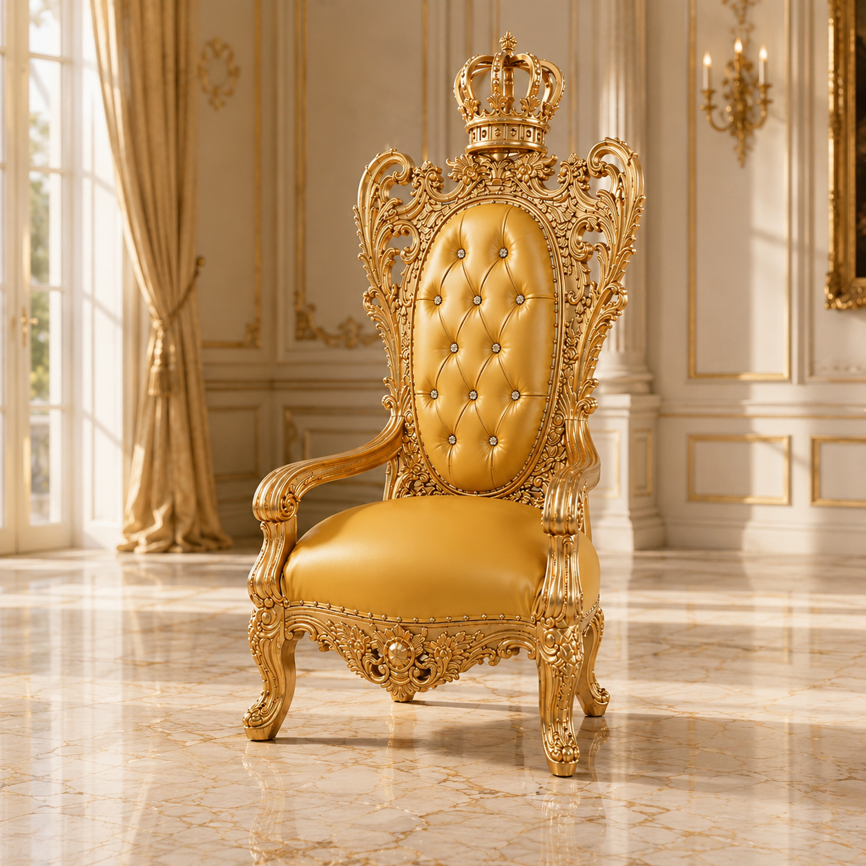 An ornate golden throne chair with a tufted yellow-gold backrest and cushioned seat, set in a luxurious room with gold-trimmed walls and marble floors.
