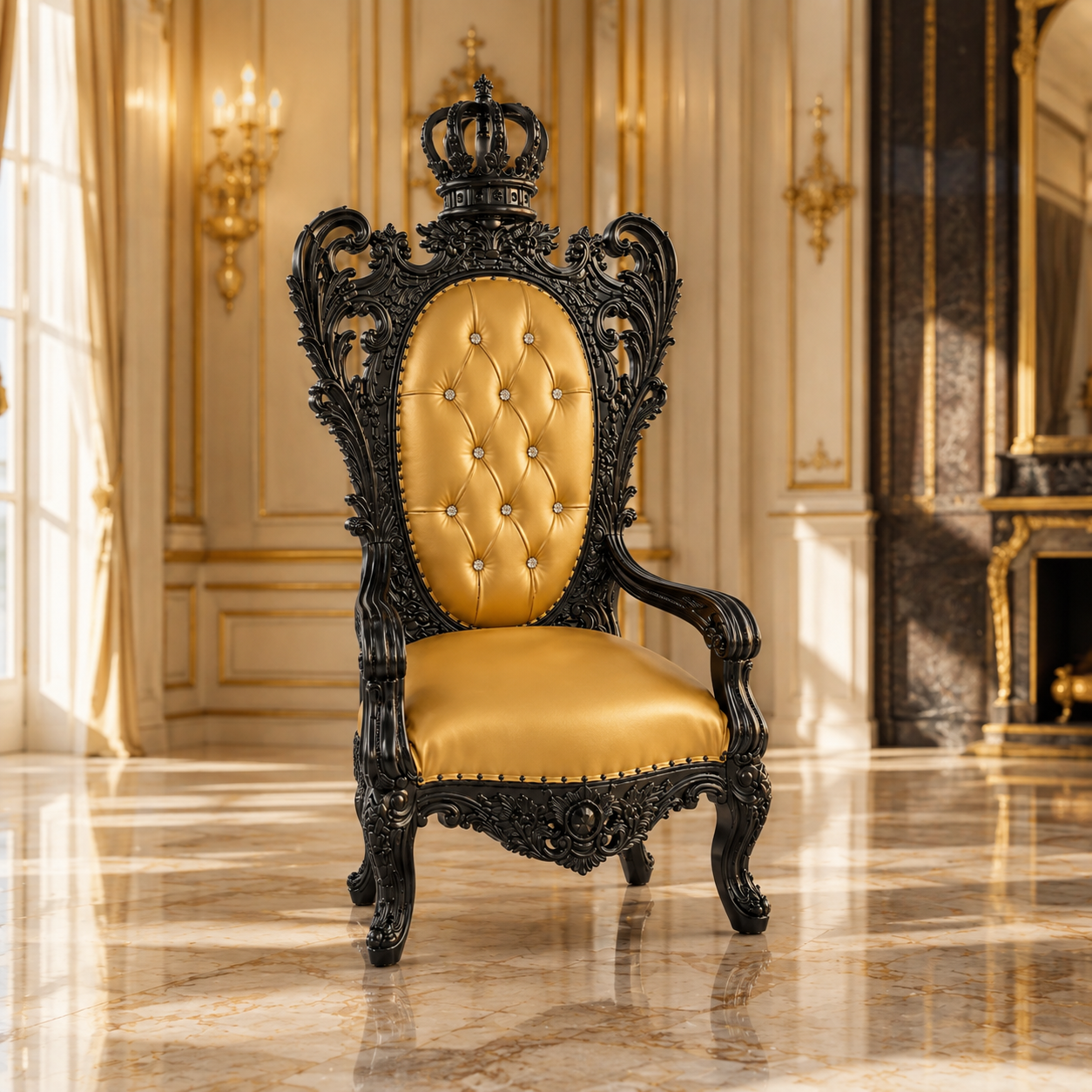 An ornate black carved throne chair with a tufted gold upholstered backrest and seat, set in a luxurious gold and cream interior room with marble floors.
