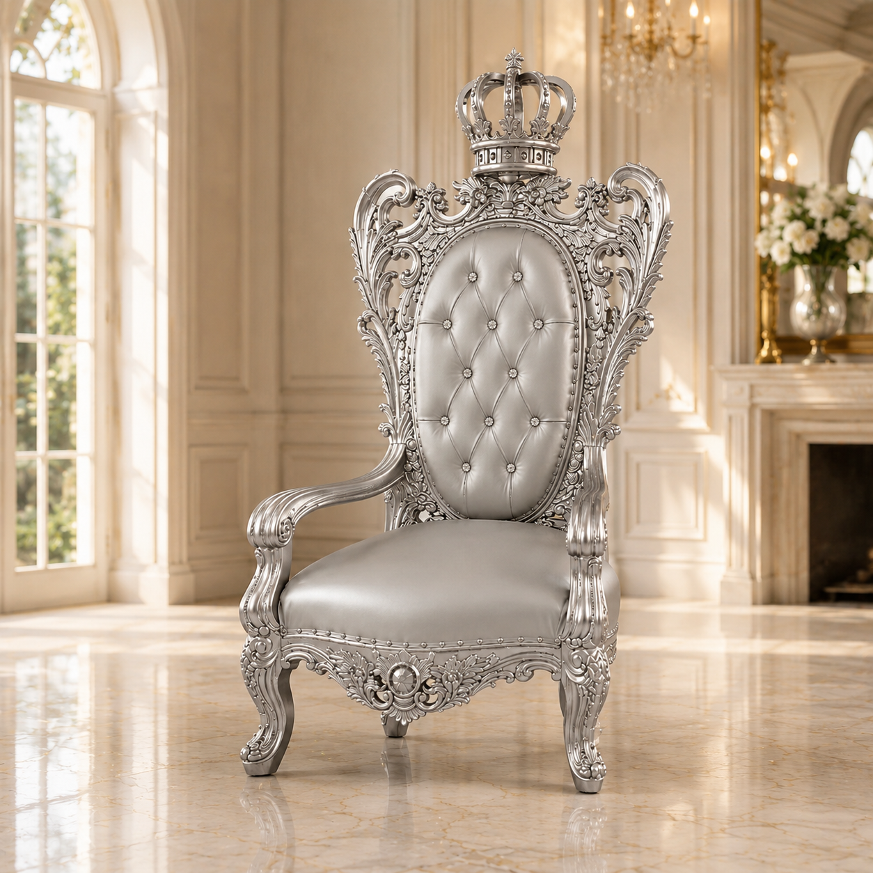A highly ornate silver baroque-style throne chair with a tufted backrest and a crown on the backrest, set in a luxurious cream-colored room with marble floors.