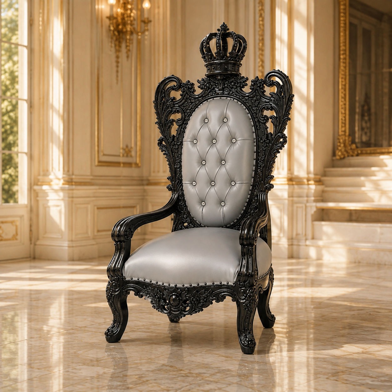 An ornate black carved throne chair with a tufted light gray upholstered backrest and seat, set in a luxurious cream-colored palace interior with marble floors and warm sunlight streaming through the windows.