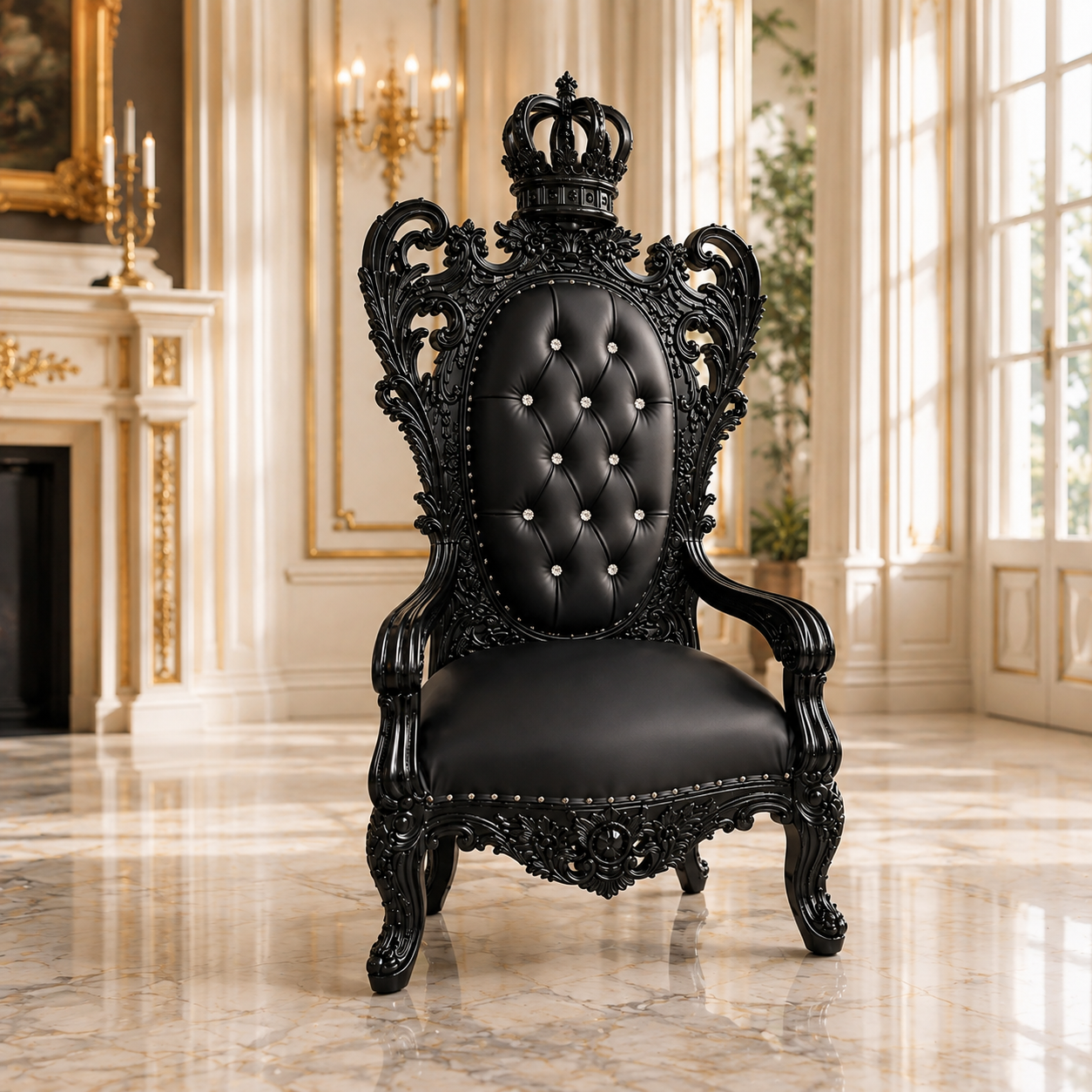 A luxurious black throne chair with a carved ornate wood frame, tufted backrest, and a crown on top, set in an elegant, sunlit room with marble floors and gold-trimmed walls.