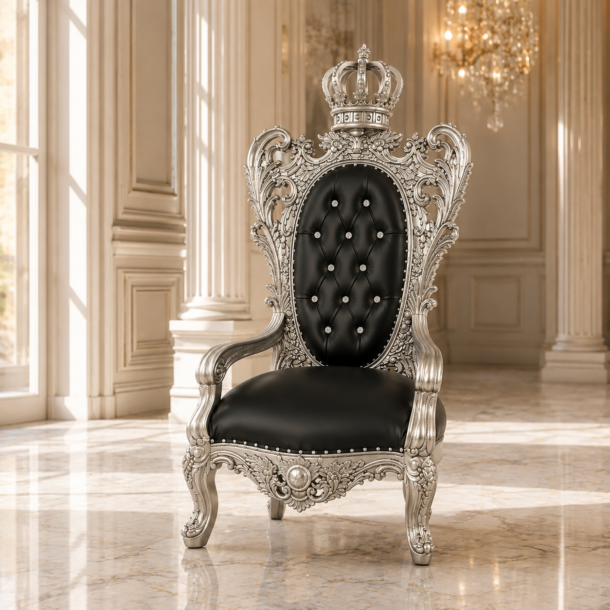 An ornate baroque-style throne chair with a silver carved frame, black tufted upholstery, and a crown on the backrest, set in a luxurious cream-colored room with marble floors and a chandelier.