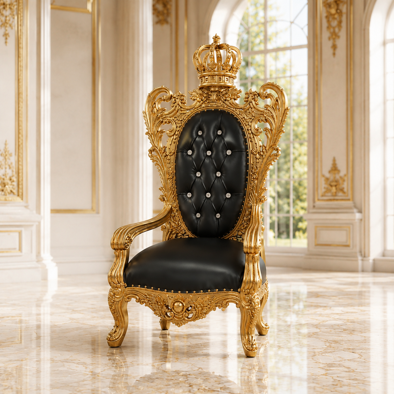 An ornate royal-style throne chair with a carved gold frame, crown on the backrest, and black tufted leather seat and backrest, placed in a luxurious cream-colored room with marble floors and tall windows.