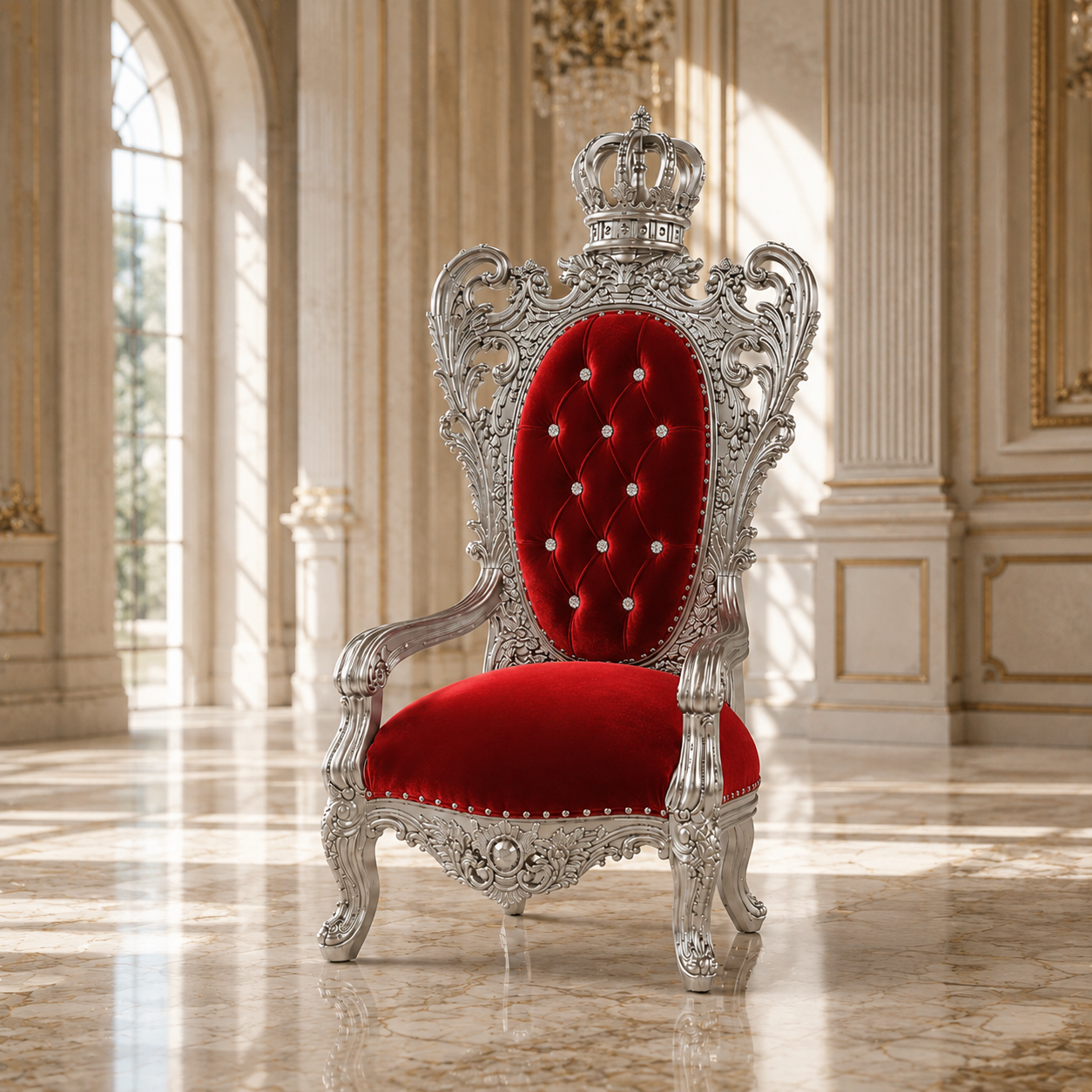 An ornate royal throne chair with a silver carved frame and a red velvet cushioned seat and backrest, set in a grand classical palace interior with marble floors and arched windows.