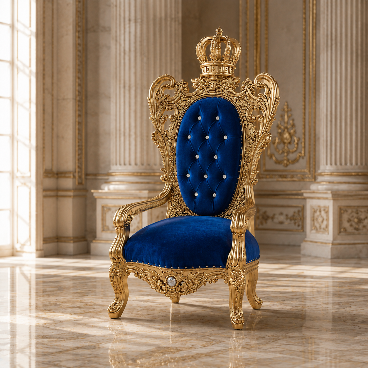 A luxurious throne-style armchair with an ornate gold carved frame and a deep blue velvet seat and backrest, set in a grand classical room with marble columns and warm sunlight streaming through a window.