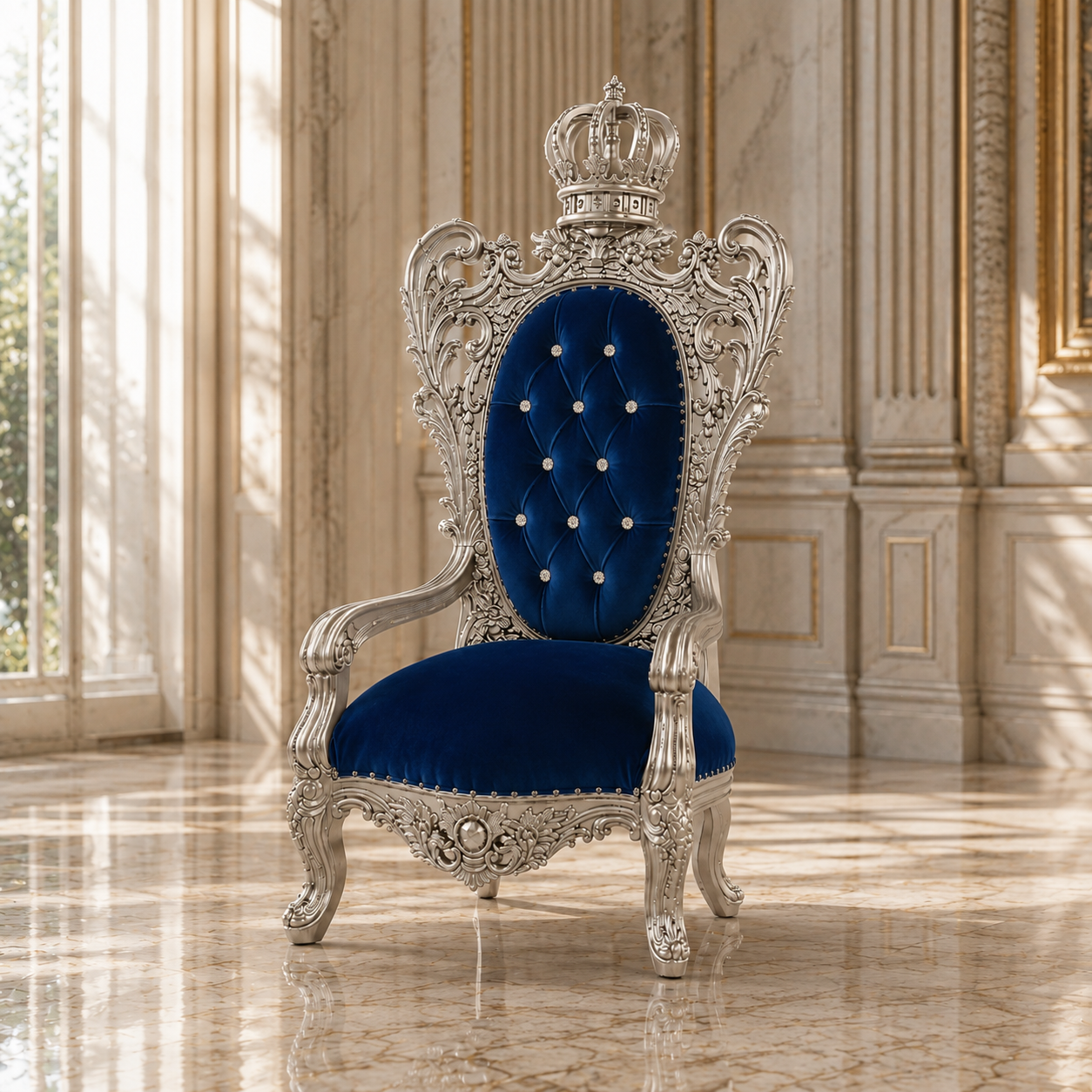 A royal-style throne chair with an ornate silver carved frame and a deep blue velvet seat and backrest, topped with a crown, set in a grand, sunlit palace interior.