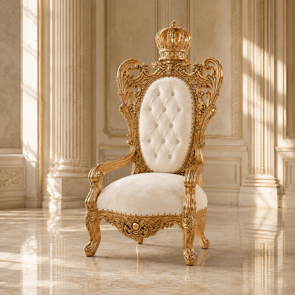 An ornate royal-style armchair with a carved gold frame, a crown on the backrest, and tufted cream upholstery, set in a sunlit classical interior with columns and marble floors.