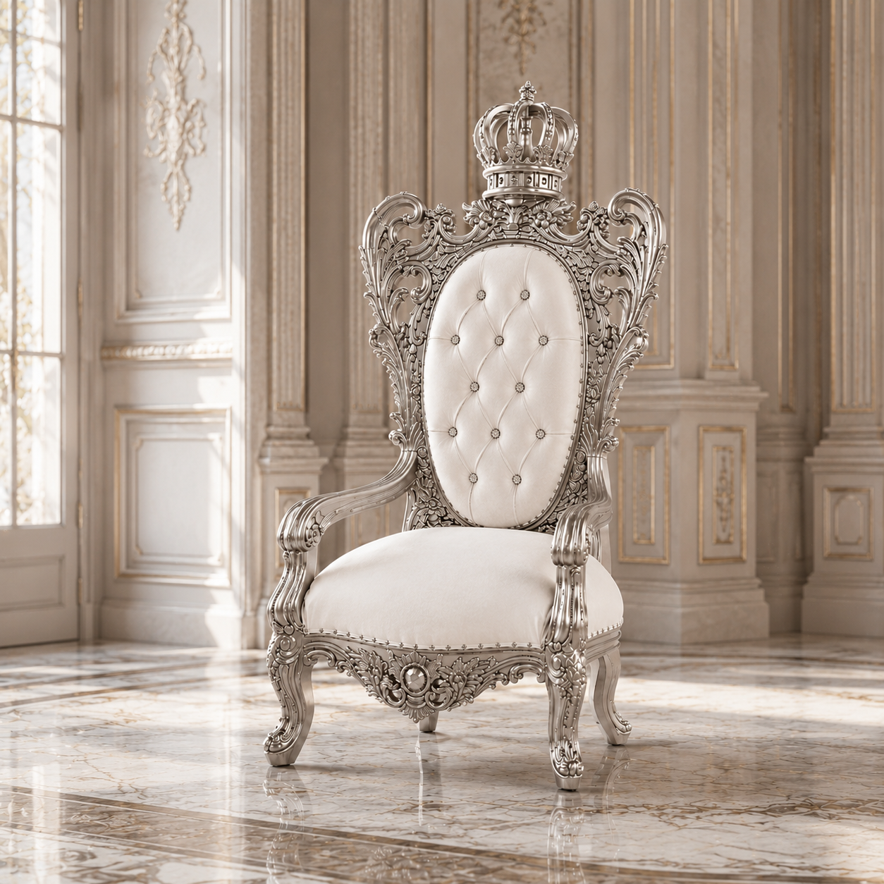 An ornate white and silver throne-style armchair with a tufted oval backrest, carved silver frame, and a crown motif on the back, placed in a grand interior room with pale walls and marble flooring.