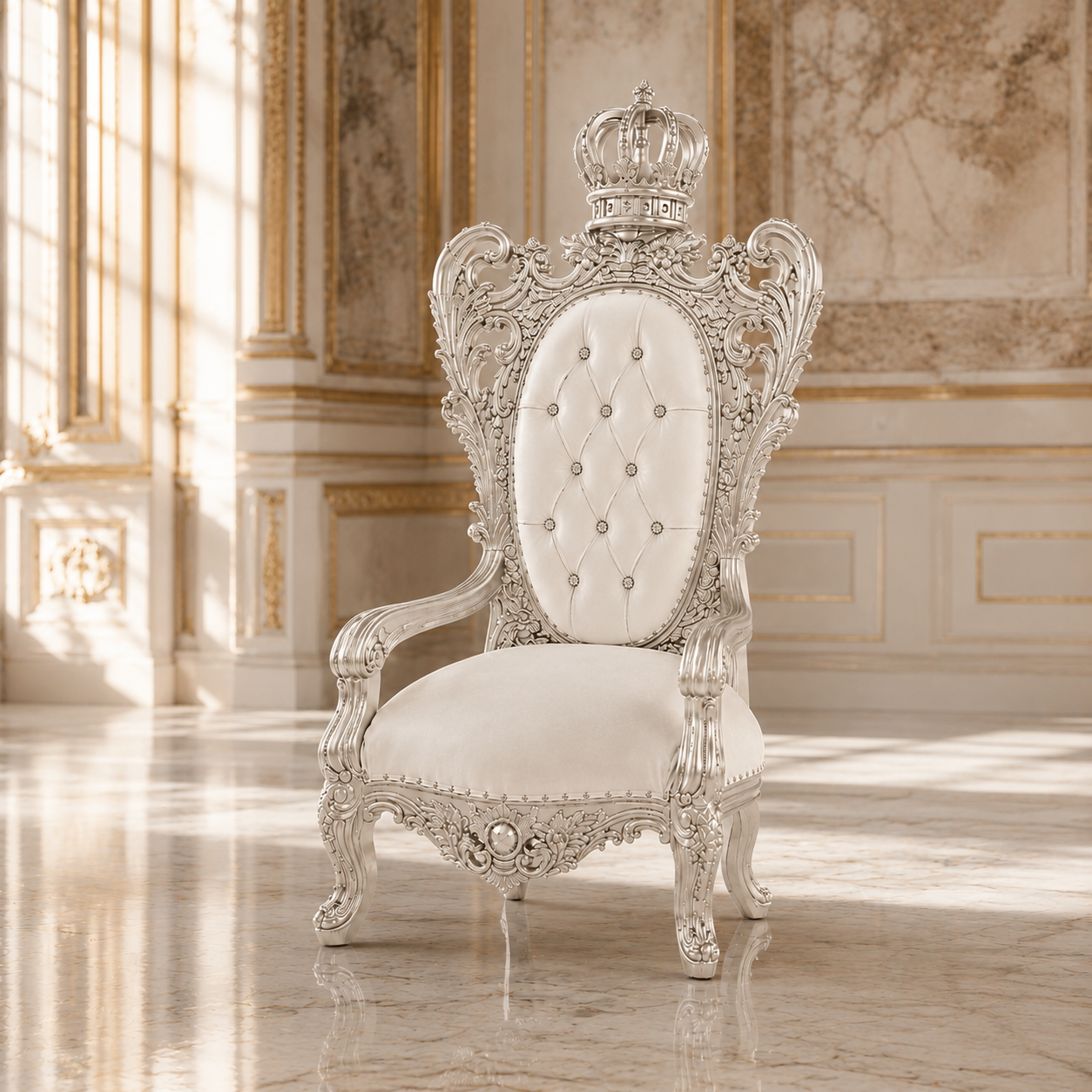 An ornate white and silver throne-style armchair with a tufted backrest and a crown on the back, set in a luxurious cream-colored room with gold-trimmed walls and marble floors.