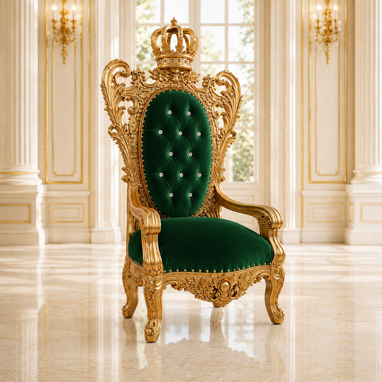 An ornate royal-style throne chair with a carved gold frame and deep emerald green velvet upholstery, set in a luxurious room with cream walls, gold wall decor, and a marble floor.
