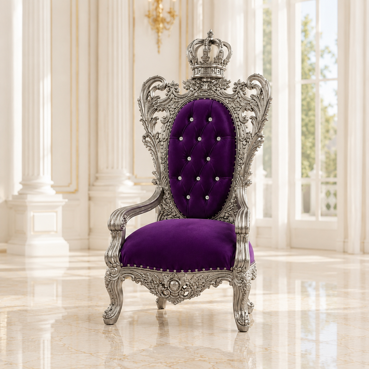An ornate royal-style throne chair with a silver carved frame and a purple velvet seat and backrest, set in a bright classical interior with white columns and large windows.