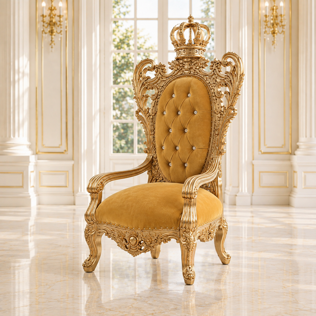 An ornate gold throne chair with a high tufted backrest and crown detail, set in a luxurious white and gold room with marble floors.