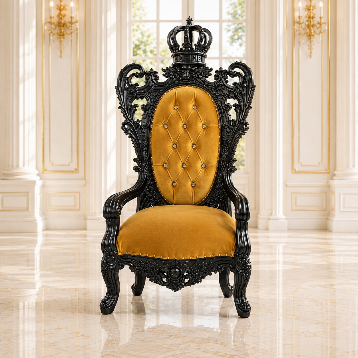 An ornate royal-style armchair with a carved black wood frame and mustard yellow tufted upholstery, set in a bright classical interior with white walls, gold trim, and a marble floor.