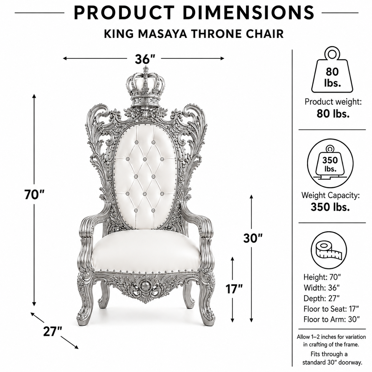 Product dimensions diagram for a King Masaya throne chair, showing the chair centered with labeled measurements for width, height, and depth, plus weight and weight capacity icons on a white background.