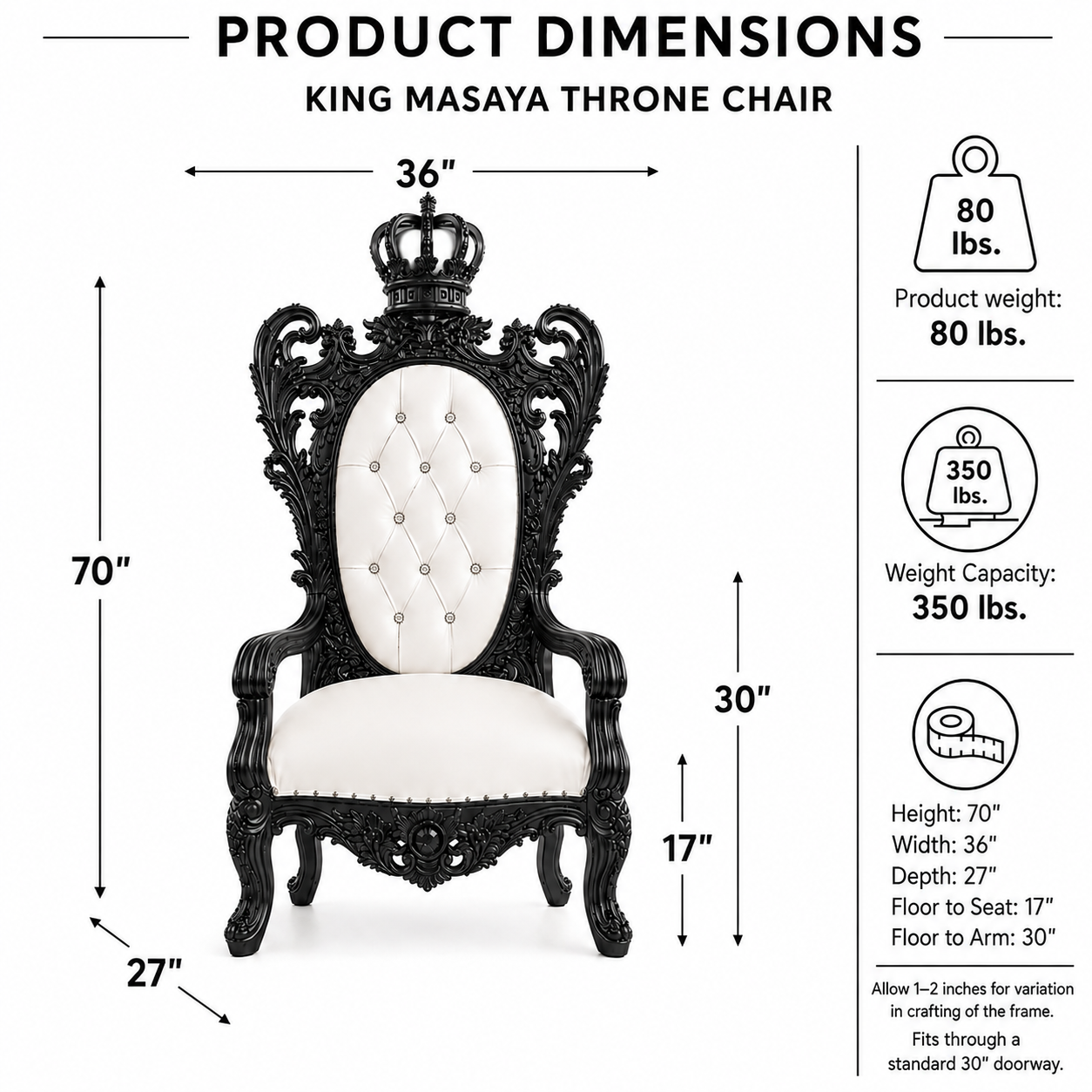 Product dimensions diagram for a King Masaya throne chair, showing a black carved wooden frame with a white tufted cushioned seat and backrest. The image includes labeled measurements for height, width, and depth, along with product weight and weight capacity information on a white background.