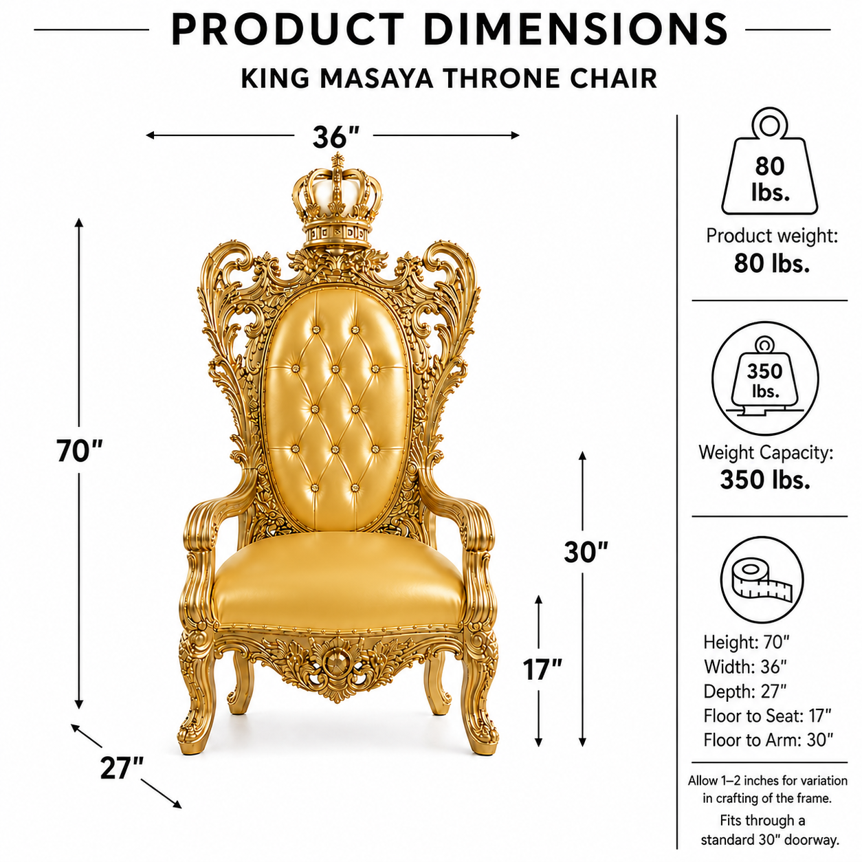 King Masaya throne chair product dimensions diagram on a white background, showing a gold ornate throne chair with measurements for height, width, and depth, plus weight and weight capacity information on the right.