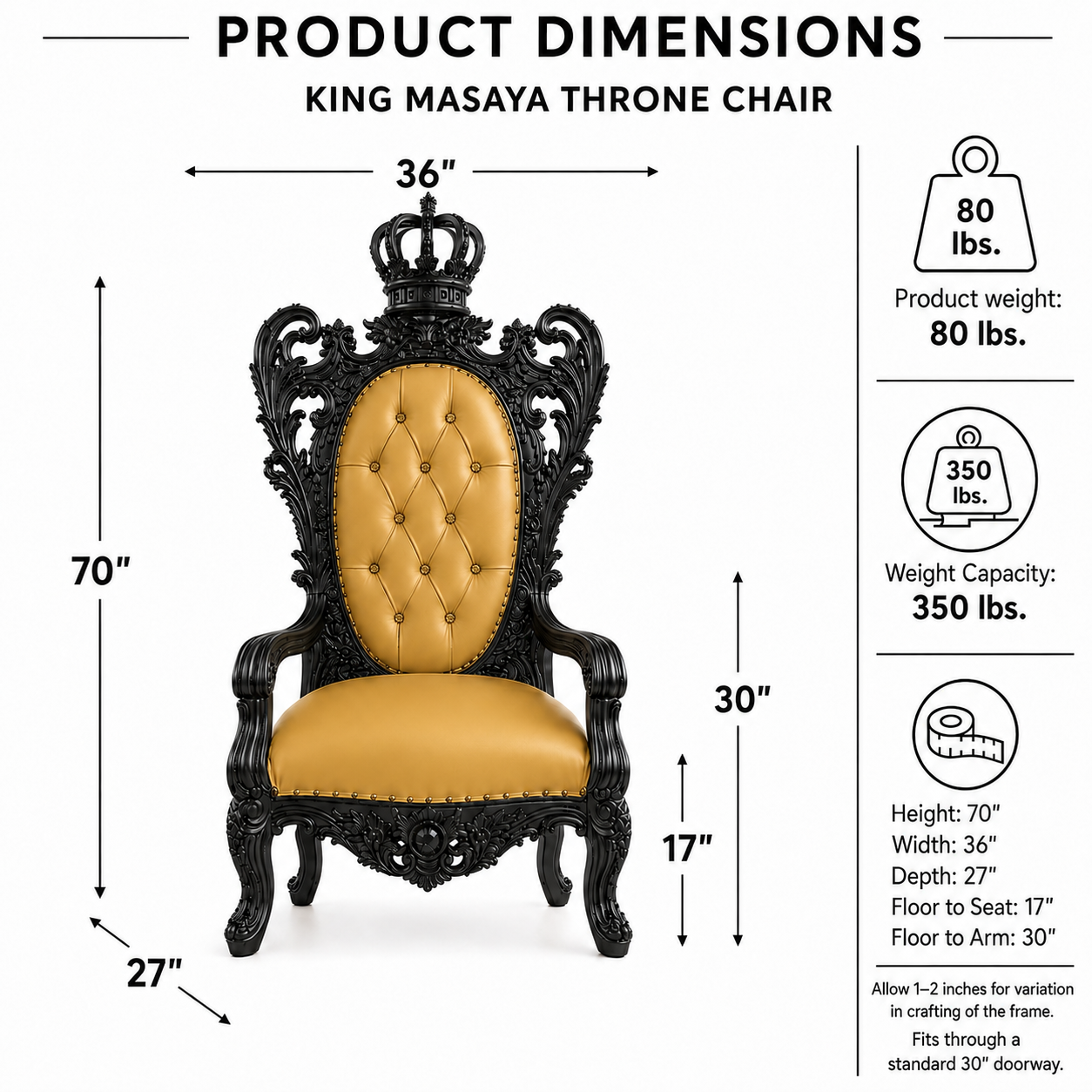 Product dimensions diagram for a King Masaya throne chair, showing the chair with measurement arrows and weight capacity information on a white background.