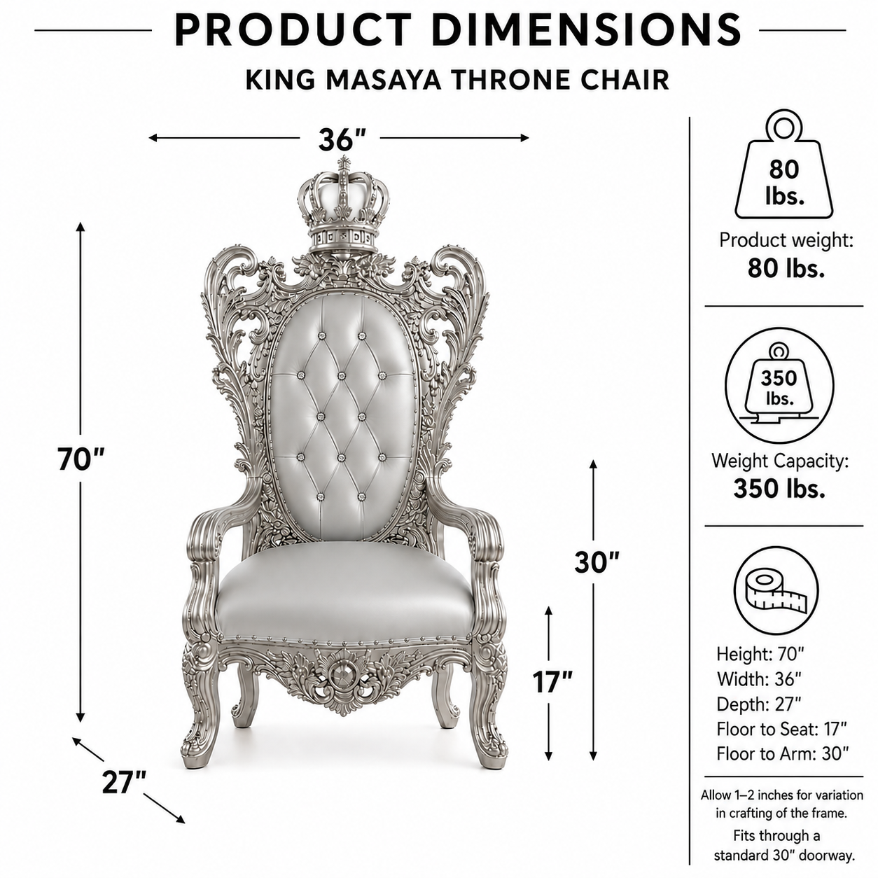 Product dimensions diagram for a King Masaya throne chair, showing the chair centered with labeled measurements for height, width, and depth, plus weight and weight capacity information on a white background.