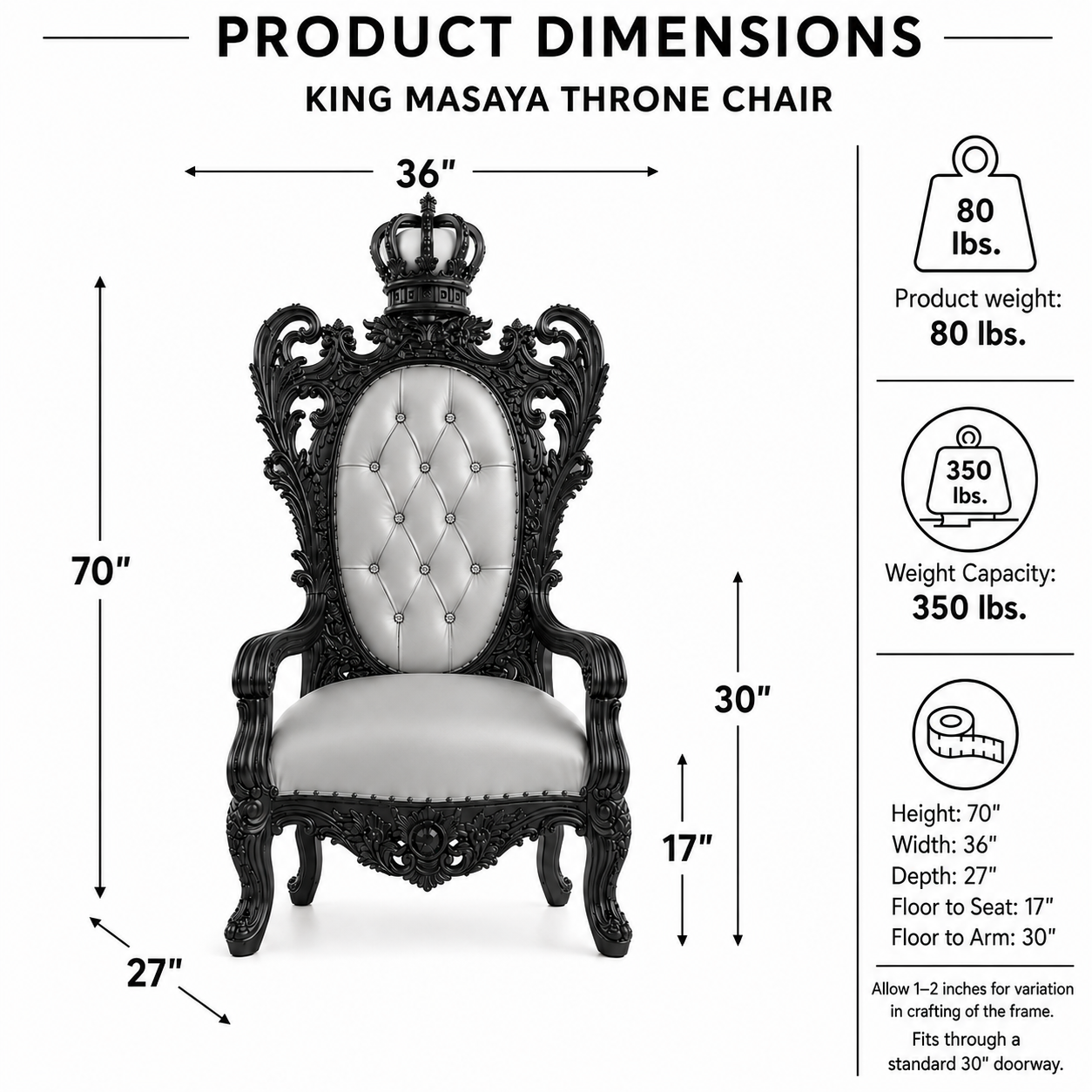 Product dimensions diagram for a King Masaya throne chair, showing a black ornate carved chair with a light tufted seat and back, plus measurement labels and weight capacity information on a white background.