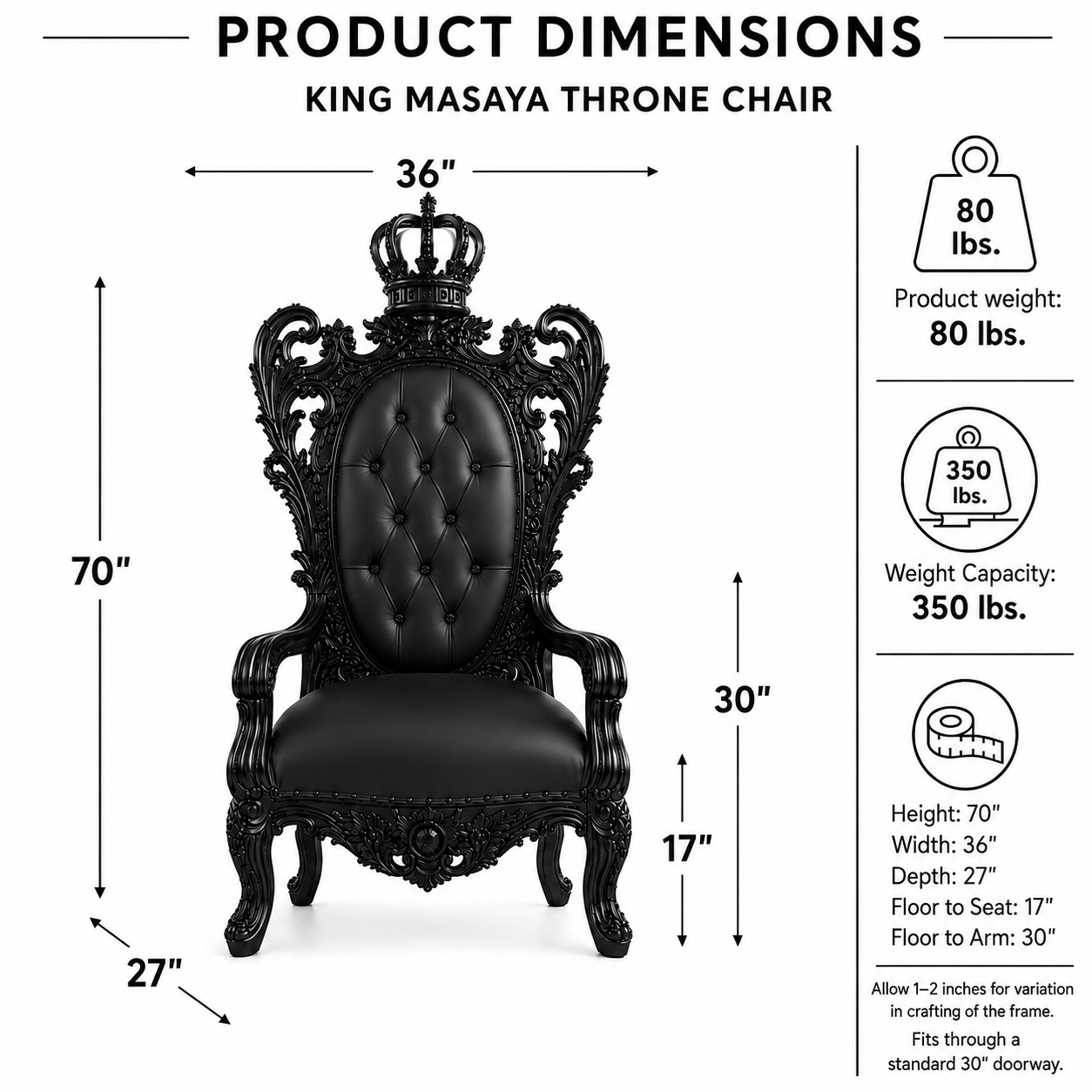 Product dimensions diagram for a King Masaya throne chair, showing the chair centered with labeled measurements for width, height, and depth, plus weight and weight capacity information on a white background.