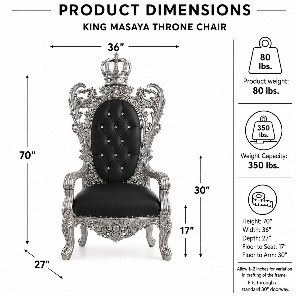 King Masaya Throne Chair product dimensions infographic on a white background, showing the chair with labeled measurements for height, width, and depth, plus weight and weight capacity icons.