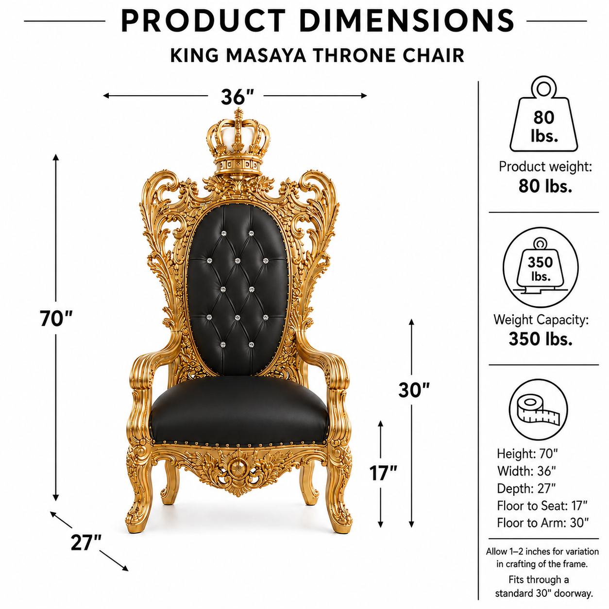 King Masaya throne chair with product dimensions and weight information on a white background. The chair has an ornate gold frame and a black tufted seat and backrest with a crown on top.